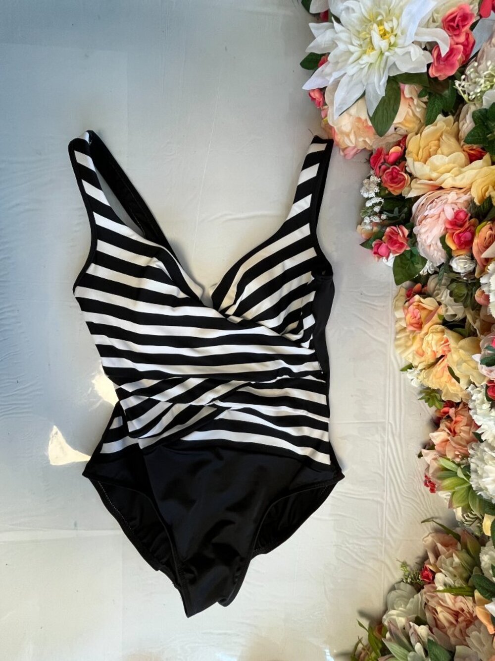 Miraclesuit Black White Striped Wrap Front One-Piece Swimsuit Estimated M - Picture 2 of 9